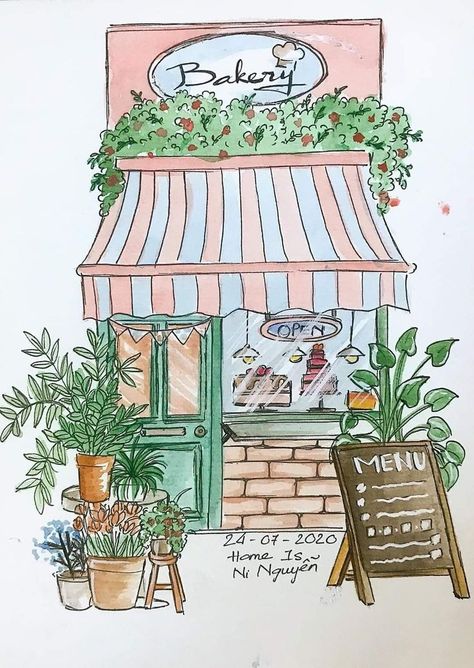 Cafe Urban Sketch, Plant Shop Drawing, Watercolor Storefronts, Home Drawing Simple, Bakery Drawing, Bow Tube Top, Cat Tattoo Ideas, Art Markers Drawing, Watercolor House Painting