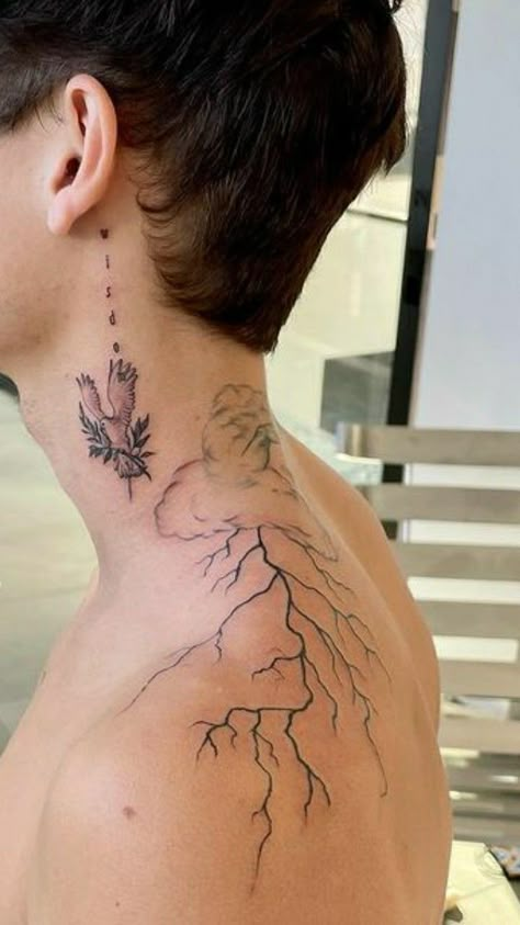 Side Neck Tattoo For Guys Ideas, Jxdn Tattoos, Back Tattoos For Guys Upper, Upper Shoulder Tattoo, Blitz Tattoo, Lightning Tattoo, Side Neck Tattoo, Upper Back Tattoos, Small Shoulder Tattoos