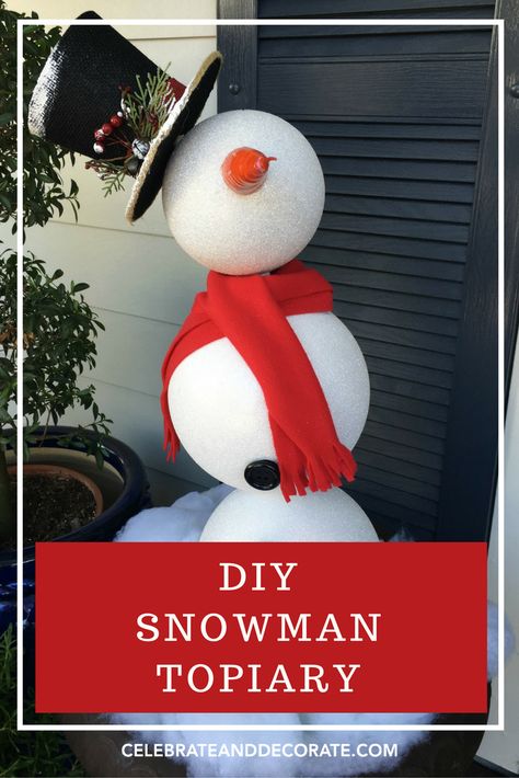 Make a snowman topiary from large Christmas Ornaments. This is an easy project you can DIY yourself! Snowman Topiary, Snowman Outdoor Decorations, Jar Snowman, Mason Jar Snowman, Outdoor Snowman, Diy Snowman Decorations, Oversized Ornaments, Topiary Diy, Christmas Topiary