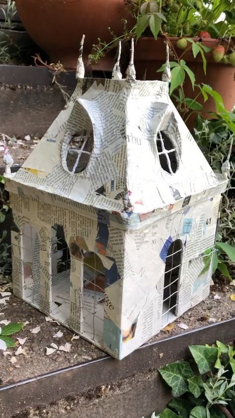 Did the next steps on my little papier-mâché garden pavilion 🏰 built the details for the roof and added the removable back facade... Happy … | Instagram Paper Mache House Diy, Paper Mache Cat House, Paper Mache Dollhouse, Mini Paper Mache, Paper Mache Doll House, Cool Craft Projects, Paper Mache Fairy House, Mini Houses Diy, Paper Mache Crafts Diy