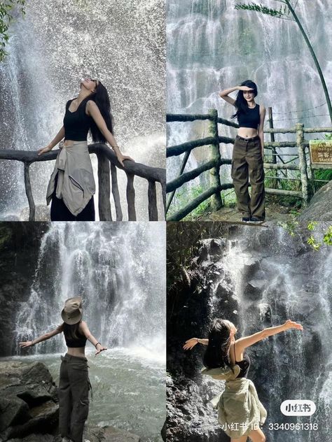 Waterfalls Outfit Ideas, Waterfall Photo Ideas, Scenic Poses, Waterfall Outfit Ideas, Poses Near Waterfall, Waterfall Poses Photo Ideas, Waterfall Outfit, Waterfall Poses, Waterfall Picture Ideas