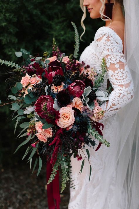 Wine Colored Flowers For Wedding, Artificial Bouquet Wedding, Winter Floral Wedding, Berry Toned Wedding, Dark Floral Bouquet, Merlot Wedding Flowers, Wine Color Wedding Theme, Winter Wedding Floral Arrangements, Wine Colored Wedding