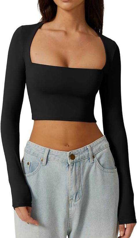 Cute Long Sleeve Shirts, Amazon Closet, Square Neck Tops, Crop Top Long Sleeve, Crop Top Long, Digital Closet, Neck Crop Top, Amazon Finds, Cute Fits