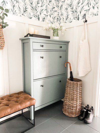 Small Mudroom Ideas Entryway, Ikea Hemnes Shoe Cabinet, Hemnes Shoe Cabinet, Small Mudroom Ideas, Small House Front Design, Board And Batten Wall, A Family Of Four, Front Elevation Designs, Entryway Storage