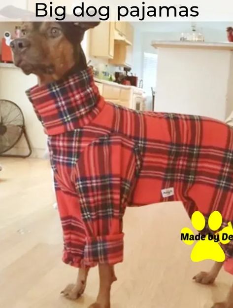 Any size of dog might need pajamas. How can you find the right size for your dog? Custom Pajamas, Large Dog Coats, Pajamas Diy, Dog Sweater Crochet, Dog Clothes Patterns Sewing, Dog Pjs, Sewing Hems, Large Dog Clothes, Fit Dogs