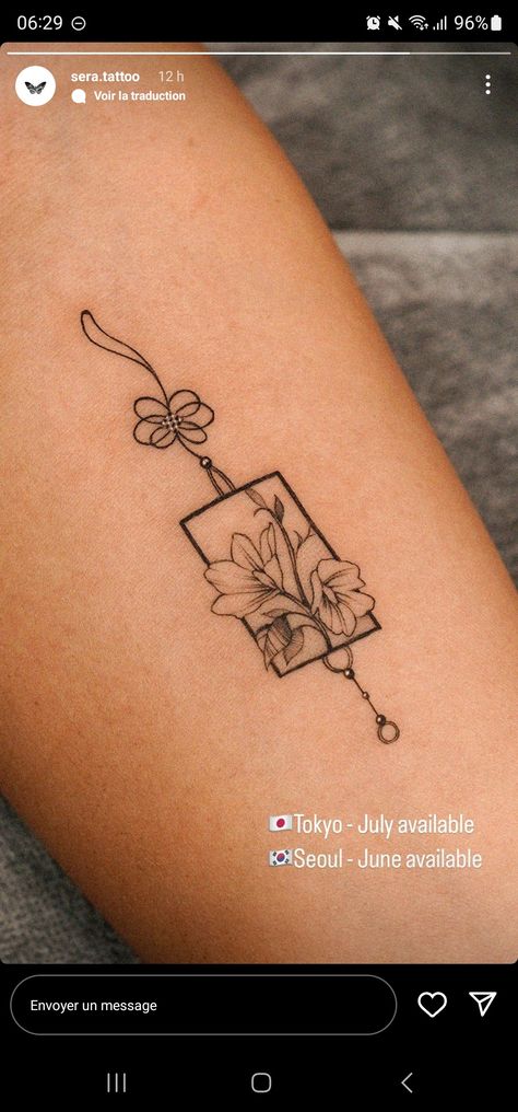 Asian Tassel Tattoo, Korean Symbols Tattoo, Japanese Tattoo Women Small, Japanese Good Luck Tattoo, Korean Hibiscus Tattoo, Korean Style Tattoo Minimalist Design, Korean Charm Tattoo, Small Vietnamese Tattoo, Fine Line Asian Tattoo