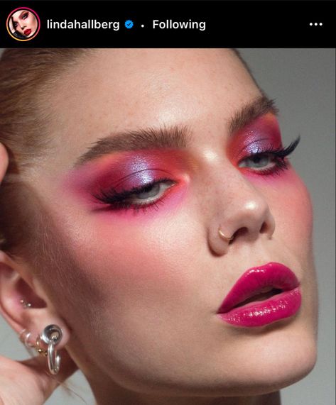 Pink Editorial Makeup, Anger Mood, Pink Editorial, Fairy Cut, 80’s Makeup, Blotting Powder, Makeup Bag Essentials, Linda Hallberg, Heavy Makeup