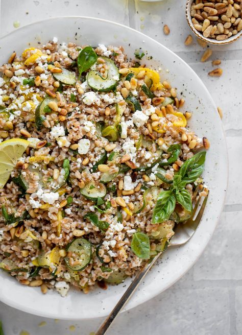 Zucchini Farro Salad - Summer Squash Basil Farro Salad Farro Salad Recipes Summer, Farro Salad With Feta, Farro Zucchini Recipes, Squash Farro Salad, Farro Butternut Squash Salad, Autumn Farro Salad, Salad With Lemon Vinaigrette, Salad Summer, Slow Roasted Tomatoes