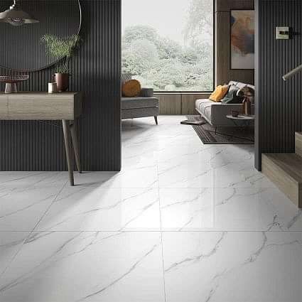 White Marble Floor Bathroom, White Tiles Living Room, Tiled Hallway Floor, Carrara Marble Floor, Marble Living Room, Marble Bathroom Floor, Gray Bedroom Walls, London Living Room, Modern Contemporary Kitchen