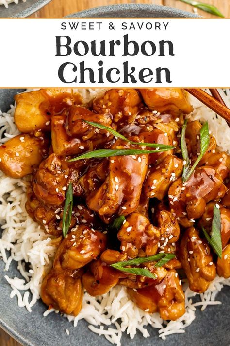 Tender chicken coated in a deliciously sweet and salty sauce, this bourbon chicken recipe tastes just like the takeout you can't resist! A totally family favorite, this recipe is quick and easy but loaded with flavor. Oh, and don't worry, it makes extra sauce, too! Burbon Chicken, Whiskey Chicken, Bourbon Chicken Recipe, 40 Aprons, Bourbon Chicken, Clean Eating Dinner, Sauce For Chicken, Healthy Dinner Recipes Chicken, Tender Chicken