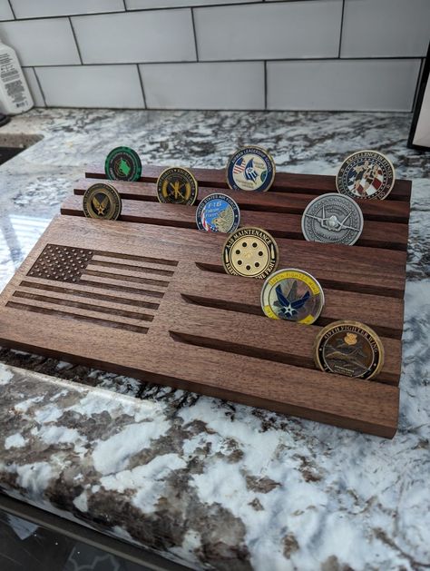 Walnut challenge coin holder #challengecoinholder Military Coin Display, Army Retirement, Money Making Projects, Challenge Coin Holder, Military Retirement Gift, Military Coins, Challenge Coin Display, Military Retirement, Laser Engraved Ideas