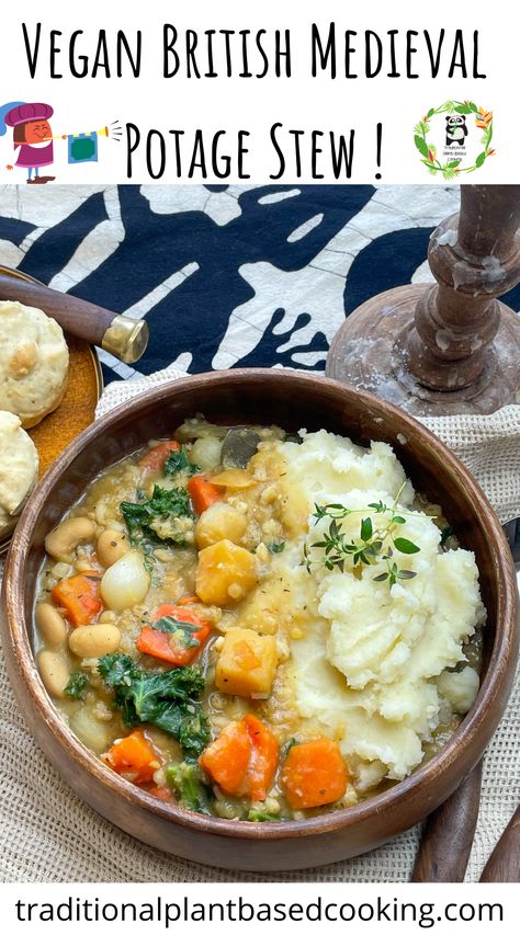 Vegan British Medieval potage stew recipe is based on the old potage recipes. Enjoy a bowl of living history either for a fun, family budget friendly, nutitrious meal or as part of a Halloween or medieval banquet. #vegan #vegetarian #plantbased #potage #pottage #medievalpotage #medievalpottage #medievalfood #medievalmealideas #halloweenfood #halloweenfoodideas #familymeals #veganstew #plantbasedstew #vegandinneridea #budgetmeal #healthymeal Vegan Fantasy Food, Medieval Vegetarian Recipes, Vegan Cottage Core Recipes, Ren Faire Food Recipes, Vegan Medieval Recipes, Medieval Dinner Recipes, Hobbit Inspired Recipes, British Soup Recipes, Medieval Soup Recipes