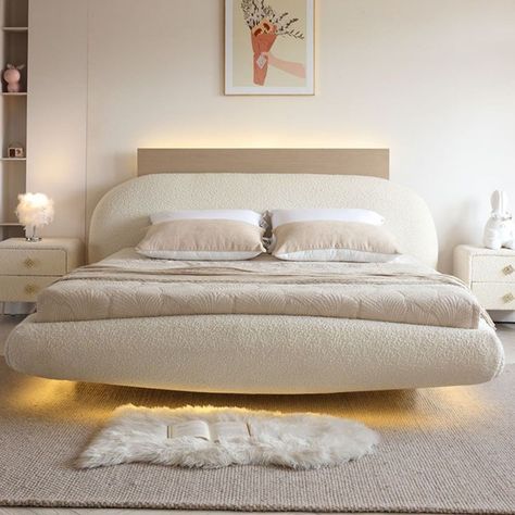 Large Bed Frame, Lighted Bed Frame, Soft Bed Frames, Cute Bed Frames Queen, White Floating Bed, Cozy Bed Frames, Aesthetic Bed Ideas, Cute Bed Frames, Soft Frame Bed