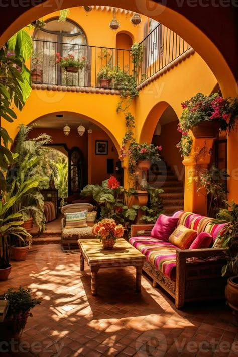 Generative AI illustration of the beauty and richness of a traditional Mexican living room and patio, with bright colors on the walls, cacti, tropical leaves, lanterns, majestic arches, and stairs Traditional Mexican House, Mexican Living Room, Mediterranean Revival, Mexican Hacienda, Living Ro, Mexican Home, Traditional Mexican, Tropical Leaves, House Front