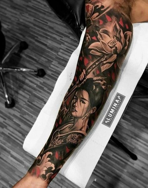 Sleeve Tattoos Samurai, Geisha Tattoo Sleeve, Japanese Forearm Tattoo, Japanese Geisha Tattoo, Samurai Tattoo Sleeve, Geisha Tattoo Design, Tattoo Japanese Style, Tattoo Japanese, Samurai Tattoo Design