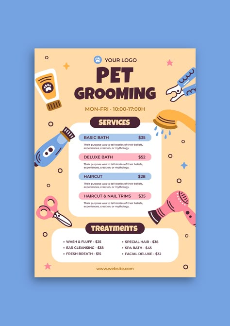 Linear Doodle Pet Grooming Services Flyer Grooming Flyer Ideas, Pet Grooming Poster Design, Pet Grooming Flyer, Pet Grooming Design, Pet Grooming Poster, Dog Grooming Branding, Grooming Salon Ideas, Pet Advertising, Cover Page For Project