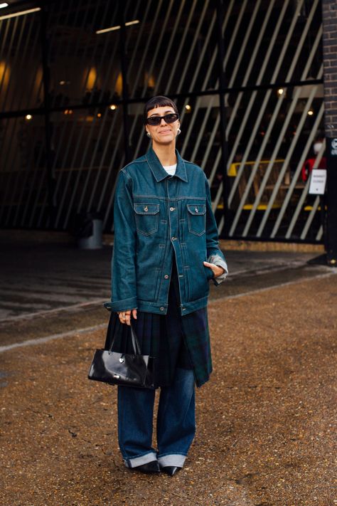 How To Style A Skirt Over Trousers This Spring, According To Street-Stylers Skirt Over Trousers, Style A Skirt, Layering Hacks, Tartan Midi Skirt, London Fashion Week Street Style, Kilt Skirt, Tartan Skirt, Denim Pocket, Double Denim