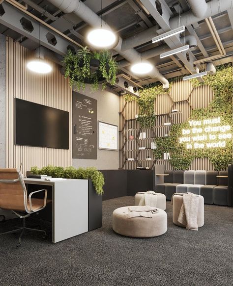 Without any doubt, we can say that this room is really fresh and able to increase the mood. The greenery is planted in such a massive part but not overserving at all. You can see it on the wall, ceiling, and table. Greenery from @leylaa__asgarii Office Nature Design, Hanging Plants Office Design, Office Interior Design Greenery, Industrial Biophilic Office Design, Greenery Office, Office Greenery, Biophilic Office Design Concept, Green Office Design, Table Greenery