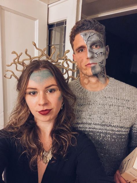 Medusa Couple Costume Diy, Stone Man Halloween Costume, Man Turned To Stone Costume, Medusa Costume Outfit Couple, Medusa Duo Costume, Man Of Stone Costume, Stone Man Makeup, Medusa And Statue Halloween Costume, Stone Man Costume Diy