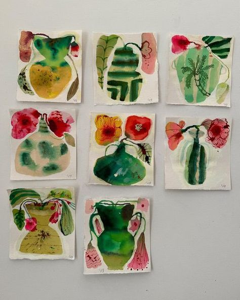 Carolyn Jenny Gavin on Instagram: "Green is in.   🥑🌿🍈  New series of vases in the shop.  SET #1 SET #2 SOLD   #carolyngavin #green #minipaintings #series #vases #watercolour #greenisin #emeraldgreen #kellygreen #asparagusgreen #olivegreen #seagreen #forestgreen #jadegreen pink+green" Helen Wells, Carolyn Gavin, Mindful Art, Art Basics, Abstract Floral Art, Mini Paintings, Crafty Stuff, New Series, Abstract Floral