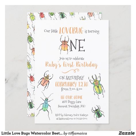 First Birthday Bug Theme, Bug First Birthday Party, Love Bug Birthday Party, Atlas Beetle, 1st Birthday Invites, Bug Party, Pretty Watercolor, 2nd Birthday Invitations, Birthday Invites