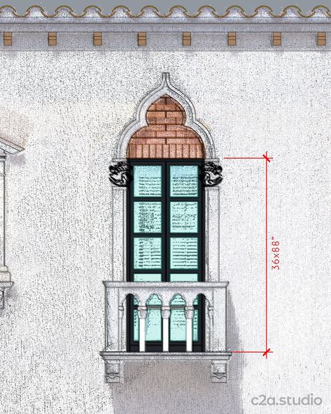 This Venetian gothic door and balcony were designed by Marion Sims Wyeth in 1931. Our 3D laser scan data is shown overlaid with a drafted Autocad elevation. #venetiangothic #venetian #renaissancerevival #palmbeach #floridahistory #historyarchitecture #historicarchitecture #architecture #adaptivereuse #heritagebuildings #historicbuilding #historicrenovation #historicpreservation #classicarchitecture #traditionalarchitecture #classicalarchitecture #architecturelovers Gothic Balcony, Gothic Architecture Drawing, Architecture Window, Gothic Door, Historic Renovation, Adaptive Reuse, Classic Architecture, Historic Preservation, Classical Architecture