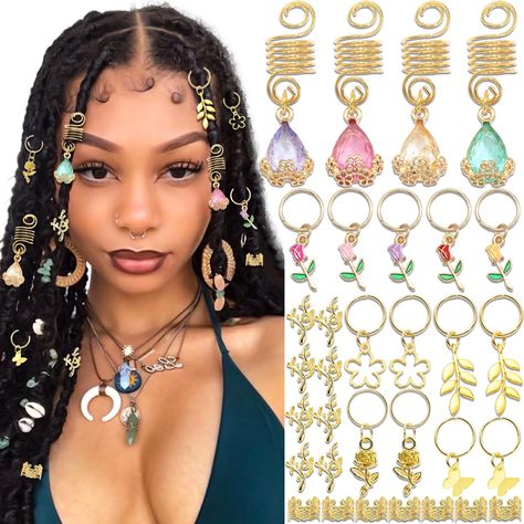 Crystal Hair Beads, Locs Accessories Dreadlock Beads, Locs With Gold Accessories, Braid Accessories Jewelry, Hair Decorations For Braids, Loc Jewelry Hairstyles, Braids With Charms, Loc Hair Accessories, Hair Charms For Braids