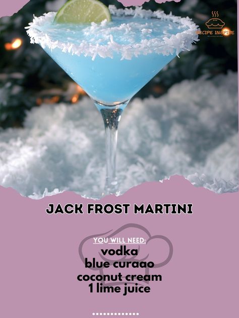 🍸✨ Shake up your holiday celebrations with a frosty twist! Try the Jack Frost Martini for a winter wonderland in a glass. 🎄☃️ Jack Frost Martini Ingredients: - 2 oz vodka - 1 oz blue curaçao - 1 oz coconut cream - 1/2 oz lime juice - Shredded coconut, for garnish Instructions: 1. In a shaker, combine vodka, blue curaçao, coconut cream, and lime juice. 2. Add ice and shake well until chilled. 3. Rim a martini glass with shredded coconut. 4. Strain the cocktail into the prepared glass. 5. En... Frosty Snowman Cocktail, Jack Frost Martini, Jack Frost Cocktail Recipe, Winter Alcoholic Drinks, Winter Martini Recipes, Blue Martini Recipe, Frosty Cocktail, Jack Frost Drink, Jack Frost Cocktail