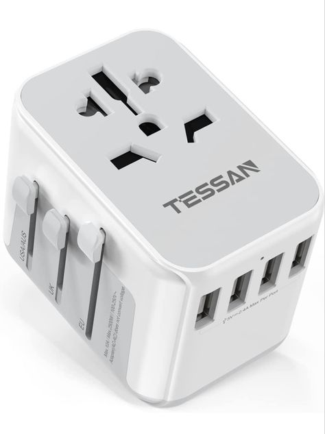 Universal travel adapter for travel: TESSAN travel adapter worldwide all in 1 design makes it easy to use. Built in EU, UK, AU, US plug, you can easily use it in over 224 countries while you are travelling, such as Europe, USA, England, Germany, Spain, Asia, Thailand, Australia, China, Japan, Israel, Italy, Colombia etc. Travel plug adaptor with 4 USB: The travel adapter worldwide contains 4 USB and 1 AC socket, each USB charges up to 2.4A, total output is 5V/3.4A max. It can charge 5 devices si International Travel Adapter, Universal Plug Adapter, Universal Travel Adapter, Budget Holidays, Travel Adapter, Adapter Plug, Space Travel, Travel Tours, Portable Travel