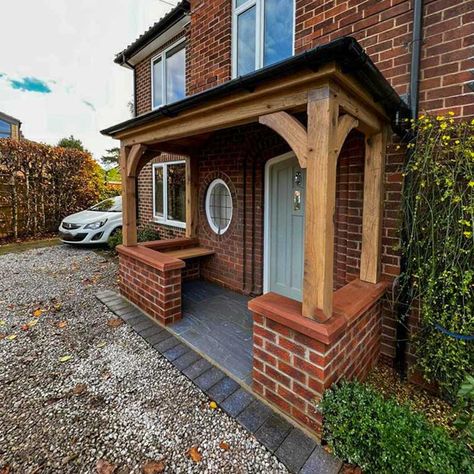 Magnificant Oak Porch With Hipped Roof Flat Porch Ideas, Porch With Balcony On Top, Oak Front Porch, Flat Roof Porch Ideas, Flat Porch Roof, Pitched Roof Porch, Oak Porch Ideas, Flat Roof Porch Entrance, Side Door Porch