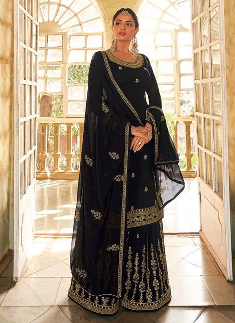 Black and Gold Embroidered Palazzo Suit Black Sharara Suit, Full Sleeve Suit, Pakistani Sharara Suit, Black Sharara, Anarkali Lehenga Gowns, Pakistani Sharara, Georgette Palazzo, Georgette Sharara, Sharara Pants