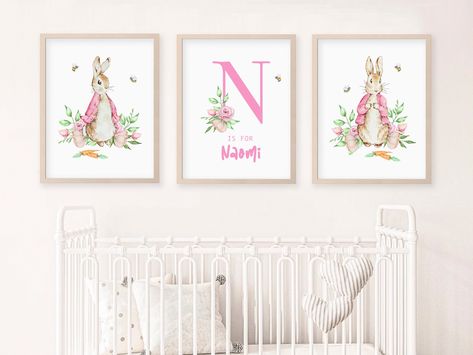 Excited to share this item from my #etsy shop: Personalized Baby Name Wall Print | Watercolor Peter Rabbit | Blue Monogram Letter Set of 3 | Pink Flowers Print | Bunny Nursery Wall Decor Beatrix Potter Nursery, Bunny Nursery Art, Flopsy Bunny, Nursery Prints Girl, Peter Rabbit Nursery, Girls Bedroom Art, Monogram Baby Girl, Rabbit Girl