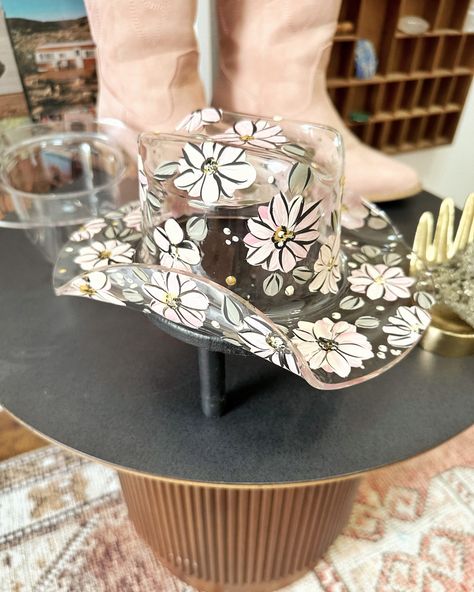 Clear cowgirl hats minis and life size 🤍 These stunning clear acrylic hand painted cowgirl hats have been restocked for a limited time! 🥰 They look so freaking cool displayed on a wall, mantle, shelf or bookcase! You could even use it as a vase!!! Gift the coolest hat a cowgirl could ever own! 🔥 #hats #hat #fedora #westernstore #westernfashion Western fashion// cowgirl// cowgirl hat// western// western wear// western decor// western home// country life Painted Cowgirl Hats, Cowgirl Hats Western, Textured Hat, Wall Mantle, Fashion Cowgirl, Decor Western, Mantle Shelf, Hat Fedora, Western Home