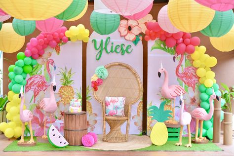 Flamingo themed party stage backdrop by Partydish Hawaiian Birthday Backdrop, Watermelon Backdrop Party Ideas, Flamingo Themed Party Backdrop, Hawaiian Backdrop Ideas, Flamingo Themed Party Decoration, Flamingo Party Backdrop, Flamingo Backdrop, Tropical Birthday Theme, Flamingo Birthday Decorations