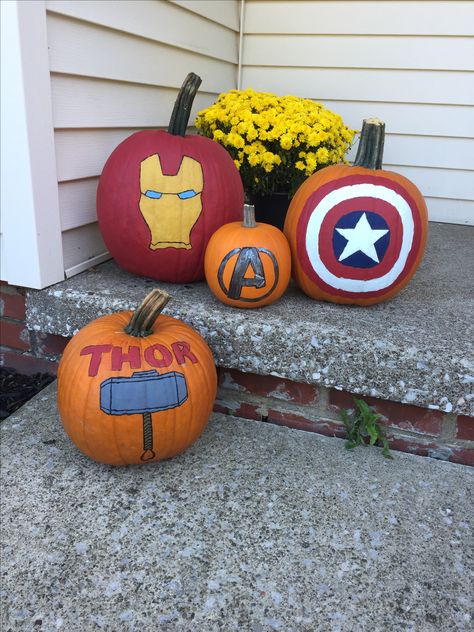 Thor Pumpkin Carving, Avenger Pumpkin Painting, Iron Man Pumpkin Painting, Super Hero Pumpkin Painting, Marvel Painted Pumpkins, Avengers Pumpkin Painting, Ironman Pumpkin Painting, Pumpkin Painting Ideas Marvel, Marvel Pumpkin Painting