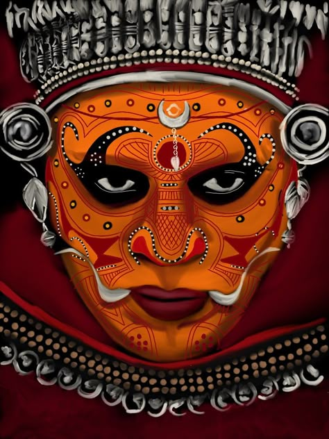 Theyyam Face Painting, Theyyam Art Painting, Theyyam Photography Hd, Face Painting Themes For Competition, Theyyam Drawing Pencil, Kerala Tattoo Designs, Theyam Art Form, Theyyam Art Drawing, Theyyam Logo