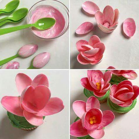 Chocolate magnolia Magnolia Cupcakes, Candy Wafers, Chocolate Flowers, Chocolate Art, Modeling Chocolate, Pink Chocolate, Fondant Flowers, Flower Cupcakes, Plastic Spoons