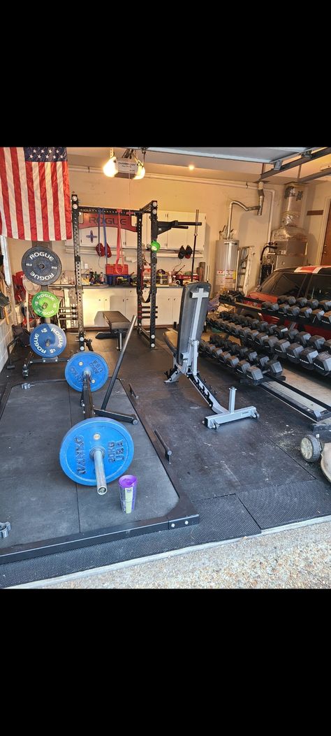 Powerlifting Gym: 1-Car Garage Progression Home Powerlifting Gym, Home Gym Powerlifting, Powerlifting Gym Design, Powerlifting Home Gym, 1 Car Garage Gym, Single Car Garage Gym, One Car Garage Gym, Powerlifting Gym, Home Gym Garage