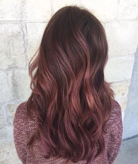 Rose Highlights Brunette, Chocolate Rose Balayage, Rose Brunette Hair, Medium Brown Hair With Rose Gold Highlights, Dark Brown Hair Rose Gold Highlights, Copper Rose Gold Hair Balayage, Chocolate Rose Hair Balayage, Dark Brown To Rose Gold Balayage, Pink Balayage Brunette