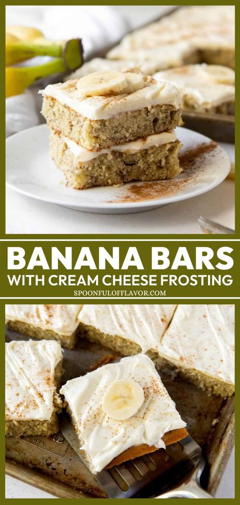 Looking for the best summer dessert? These rich and moist Banana Bars with Cream Cheese Frosting are an indulgent way to use up your overripe bananas! These dessert bars also make a great labor day party food idea! Two Overripe Banana Recipes, Banana Bread Brownies With Cream Cheese Frosting, Banana Sweets Recipes, Banana Bars Cream Cheese Frosting, Sheet Pan Banana Bars, Banana Blondies Cream Cheese Frosting, Banana Deserts Easy, Small Banana Recipes, Banana Easter Recipes