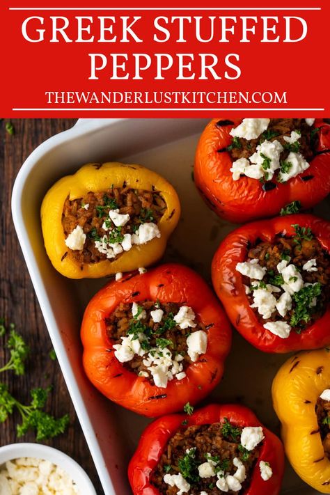 These Greek Stuffed Peppers are vibrant and packed with ground meat, rice, chickpeas, and all of your favorite Mediterranean flavors! Stuffed Peppers Greek Style, Gemista Recipe Greek Stuffed Peppers, Gemista Recipe, Greek Stuffed Peppers, Grilled Bell Peppers, Greek Chicken Pasta, Stuffed Peppers With Rice, Vegan Chickpea Curry, Mediterranean Flavors