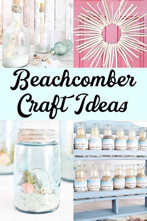 So, you've gone to the beach and collected shells, sea glass, and driftwood- now what? Here are some fun craft and DIY ideas for a beachcomber! Wonderful ways to show off and enjoy your beach treasures. Diy Shell Decor Ideas, Sand And Shell Display Ideas, How To Display Shells From The Beach, Beach Finds Crafts Ideas, Ideas For Shells From The Beach, Sand Display Ideas, Sea Shell Display Ideas, Beach Sand Crafts, Sand Display