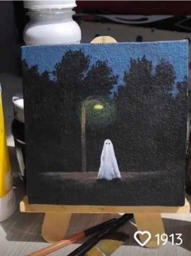 Ghost Paintings Canvas, Spooky Canvas Painting Ideas Cute, Fairy Grunge Painting Ideas Easy, Easy Canvas Painting Halloween, Dark Things To Paint, Spooky Paintings Easy Canvas, Halloween Painting Aesthetic, Sheet Ghost Painting, Dark Easy Paintings