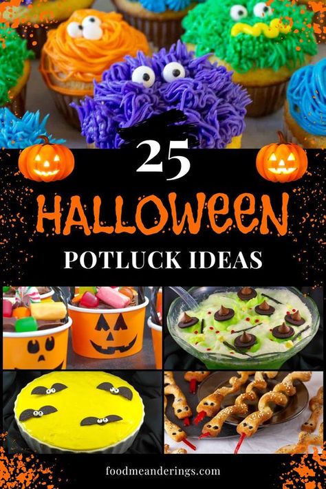 These 25 Halloween Potluck Ideas include recipes for sweet, savory, and transportable Halloween-themed foods that are ideal for any Halloween potluck! Halloween Desserts For Potluck, Halloween Pot Luck Dishes, Halloween Potluck Foods, Halloween Potluck Ideas For Work, Halloween Potluck Recipes, Halloween Cheese Ball, Halloween Potluck Ideas, Desserts Potluck, Savory Halloween Food