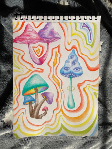 Coloring Doodle Art, Trippy Colored Pencil Art, Trippy Colored Pencil Drawing, Simple Colorful Drawings, Mushroom Doodle, Trippy Painting, Hippie Painting, Watercolor Journal, Unique Drawings