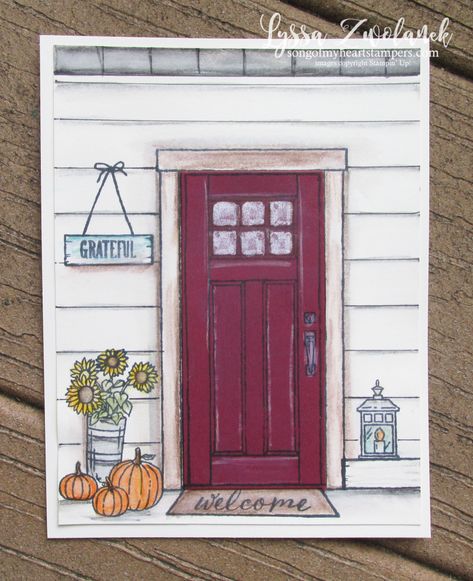 How To Draw A Door, Door Illustration Drawings, Picture Journaling, Pumpkins Porch, Door Drawing, New House Card, Sign Drawing, Home Front Porch, Lights Signs