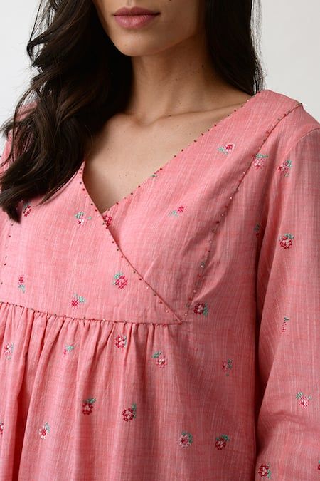 Buy Umbar Pink Chambrey Cotton Embroidered Midi Dress Online | Aza Fashions V Neck Kurti Designs Latest Cotton, Cotton Dresses Indian, Cotton Kurti Neck Designs, V Neck Kurti Design, Cotton Kurti Design, Cotton Dress Indian, Cotton Dresses Online, Cotton Dress Pattern, Cotton Tunic Tops