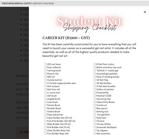 Nail Tech Supplies Checklist, Nail Tech Starter Kit List, Nail Tech Checklist, Nail Tech Supply Checklist, Nail Tech Essentials List, Nail Tech School Student, Nail Supplies List, Nail Tech Notes, Nail Tech Supplies List