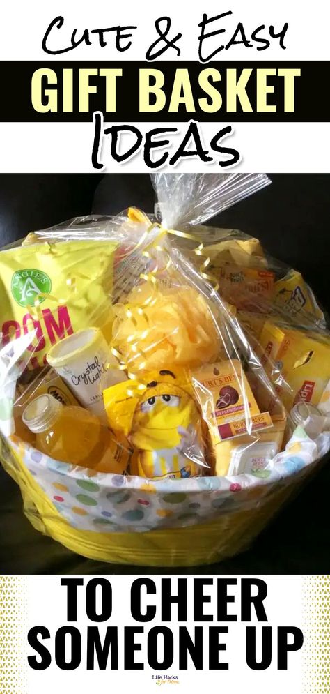 Cheer Up Gift Basket For Him, Heartbreak Gifts Basket, Brighten Your Day Gift Basket, Encouragement Baskets Gift Ideas, Sympathy Basket Ideas For Loss Of Mother, Cheer Up Gift Basket, Dollar General Gift Basket Ideas, Food Themed Gift Baskets, Care Basket For Sick Friend