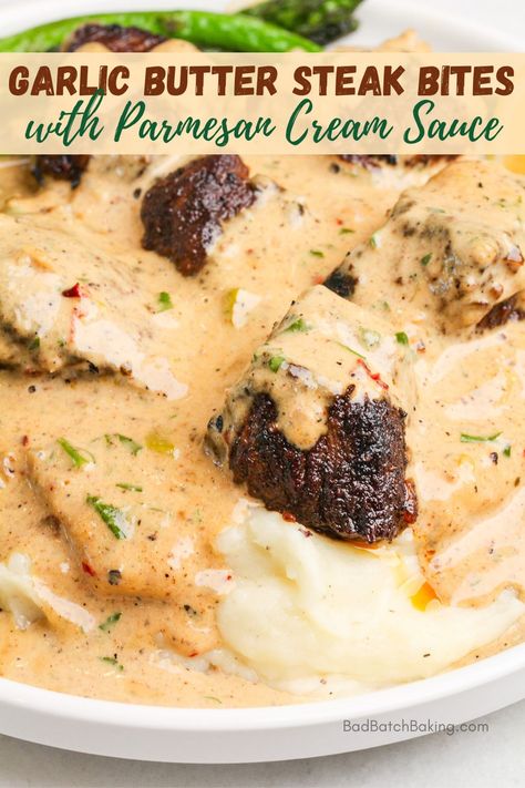 Garlic Butter Steak Bites Garlic Butter Steak Bites, Butter Steak Bites, Restaurant Copycat Recipes, Steak Dinner Recipes, Steak Bites Recipe, Restaurant Copycat, Butter Steak, Parmesan Cream Sauce, Garlic Butter Steak